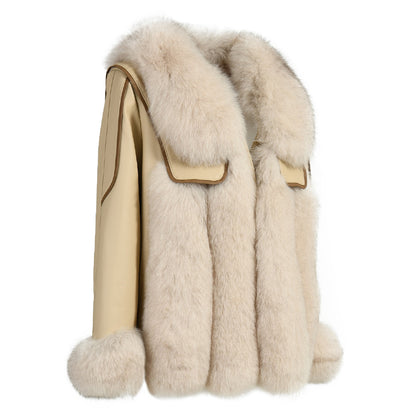 Genuine Leather Jacket With Real Fox Fur V-neck Collar Spring