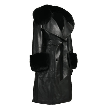 Winter Thick Warm Leather Trench Coat With Real Fox Fur Collar And Cuffs Fashion Long Genuine Leather Coat For Women