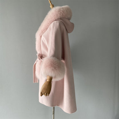 Wholesale Winter Double-sided Hooded Cashmere Coat With Real Fox Fur Collar And Belt Design Fashion Women Real Fox Fur Coat Wool