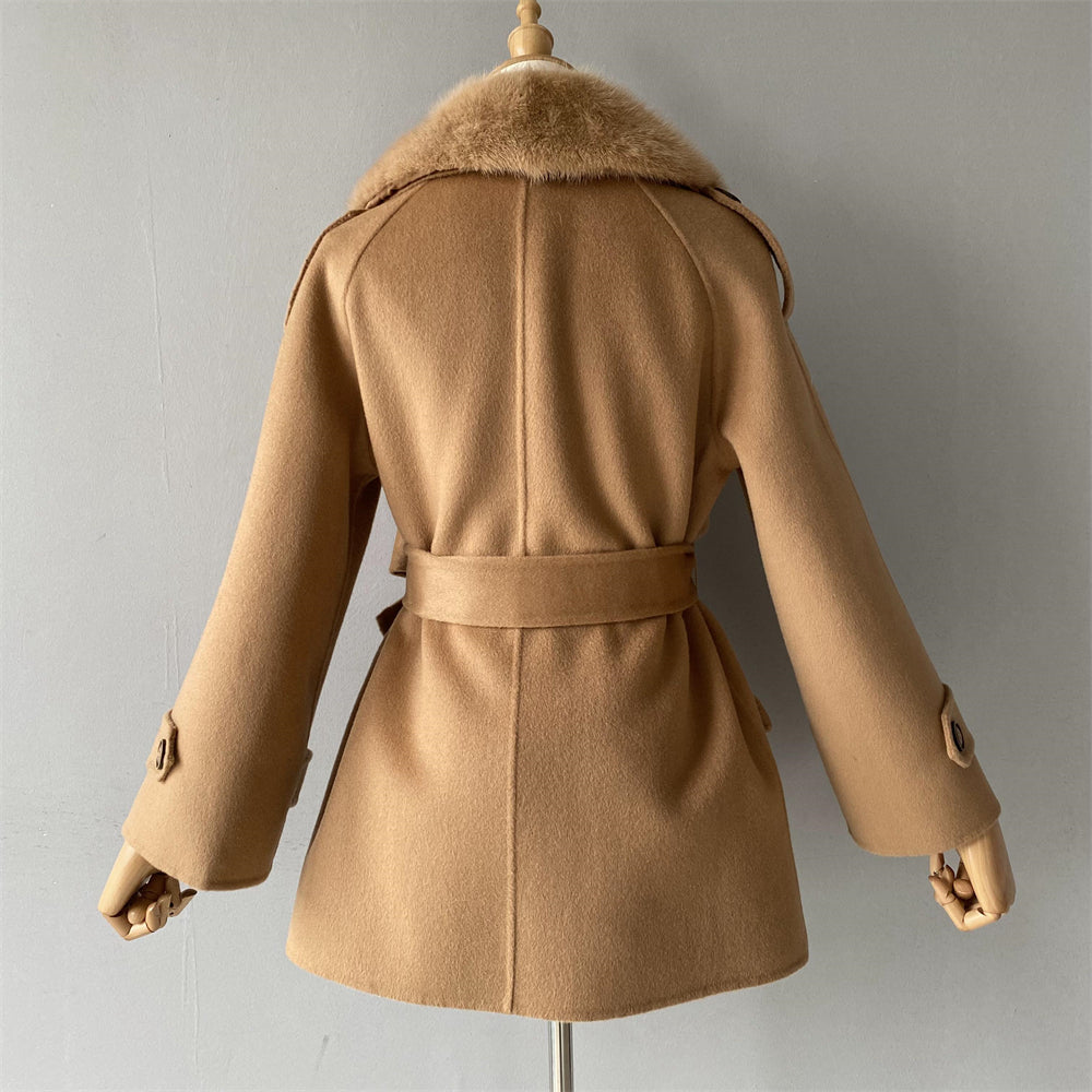 Wholesale Ladies Regular Length Cashmere Coat With Real Fox Fur Collar Custom Women Double-sided Wool Cashmere Coat