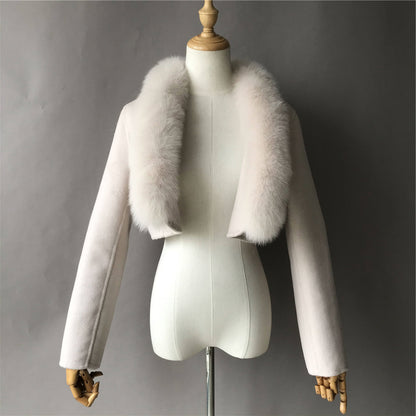 Jaxmonoy Fashionable Ladies Super Short Style Cashmere Coat With Genuine Fox Fur Collar