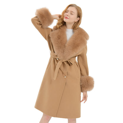 Jaxmonoy Luxurious Double-sided Cashmere Coat With Removable Big Fox Fur Collar And Cuffs
