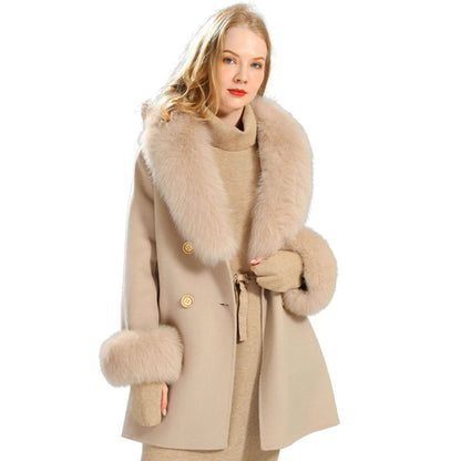 Jaxmonoy Elegant Women Regular Style Cashmere Coat With Real Fox Fur Collar And Cuffs