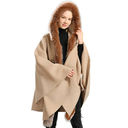 Jaxmonoy Luxurious Women Cashmere Cloak With Real Fox Fur Collar