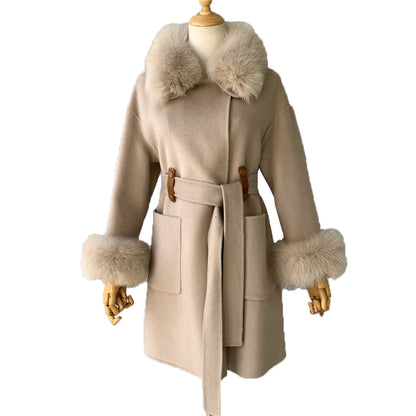 Jaxmonoy High-end Cashmere Coat With Big Real Fur Collar And Cuffs