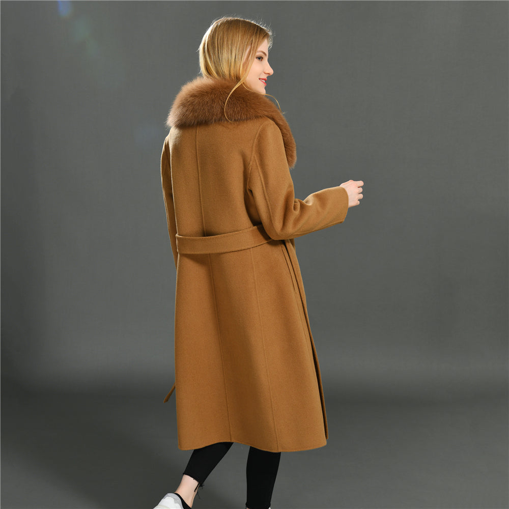 Jaxmonoy Stylish Cashmere Coat Fluffy Fox Fur Collar