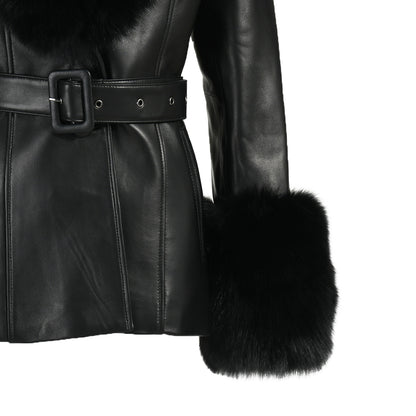 Regular Length Genuine Sheepskin Leather Coat With Real Fox Fur Collar And Cuffs Winter Women Leather Jacket Genuine