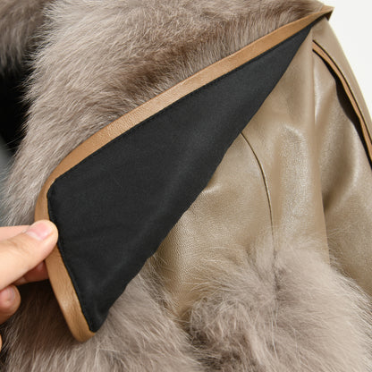 Genuine Leather Jacket With Real Fox Fur V-neck Collar Spring
