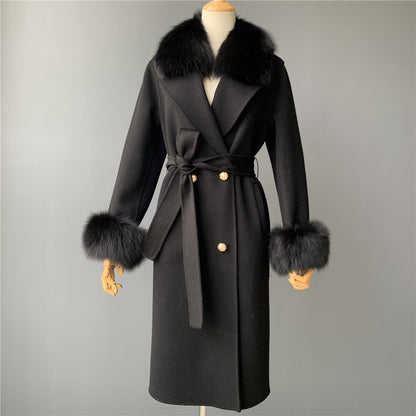 Jaxmonoy Women Winter Double Face Cashmere Coat Fluffy Genuine Fox Fur Collar Double Layer Cashmere Wool Coat