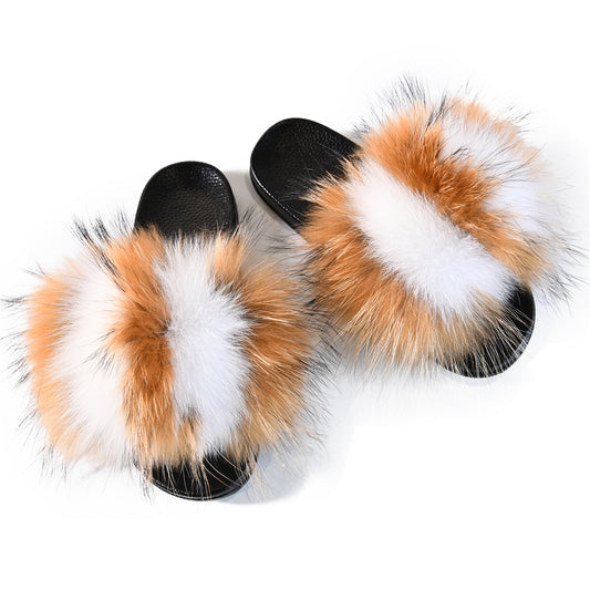Jaxmonoy Women Summer Fluffy Real Fox Fur Slides Genuine Raccoon Fur Slippers
