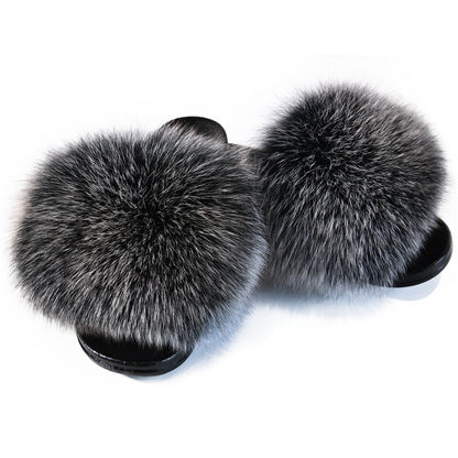 Jaxmonoy Women Summer Fluffy Real Fox Fur Slides Genuine Raccoon Fur Slippers