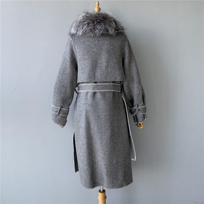 Jaxmonoy Fashion Women Winter Handmade Wool Cashmere Coat With Big Silver Fox Fur Collar