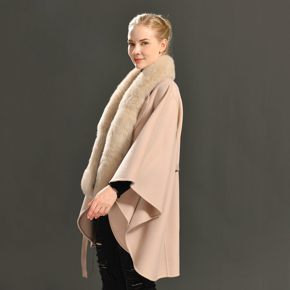 Jaxmonoy Women Cashmere Coat With Big Real Fur Collar And Sashes