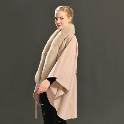 Jaxmonoy Women Cashmere Coat With Big Real Fur Collar And Sashes