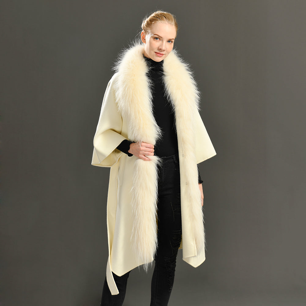 Jaxmonoy Women Cashmere Wool Coat Real Raccoon Collar Luxury Belt
