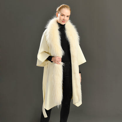Jaxmonoy Women Cashmere Wool Coat Real Raccoon Collar Luxury Belt