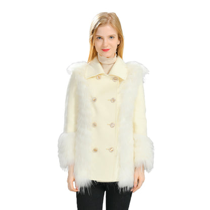 Jaxmonoy Women Cashmere Coat With Real Fur Cuffs Short Style