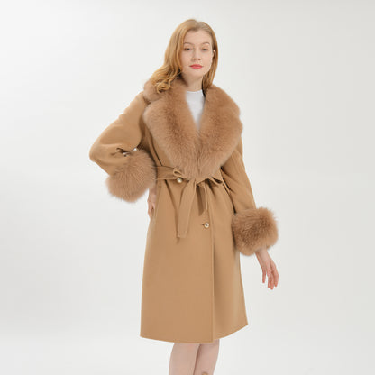 Jaxmonoy Luxurious Double-sided Cashmere Coat With Removable Big Fox Fur Collar And Cuffs