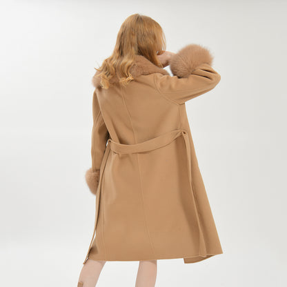 Jaxmonoy Luxurious Double-sided Cashmere Coat With Removable Big Fox Fur Collar And Cuffs