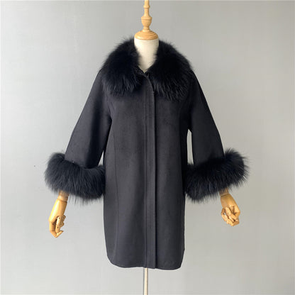 Jaxmonoy Stylish Cashmere Coat With Real Fur Collar And Cuffs Short Style