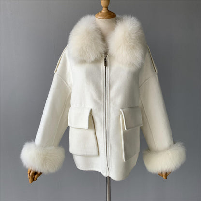 Jaxmonoy Women Cashmere Coat With Real Fur Collar And Cuffs