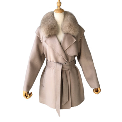 Jaxmonoy Cashmere Wool Coat Big Real Fur Collar