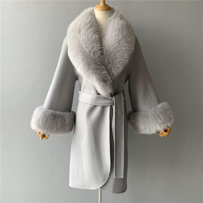 Jaxmonoy Fashionable Women Cashmere Coat With Big Real Fur Collar And Cuffs