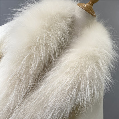 Jaxmonoy Women Cashmere Wool Coat Real Raccoon Collar Luxury Belt