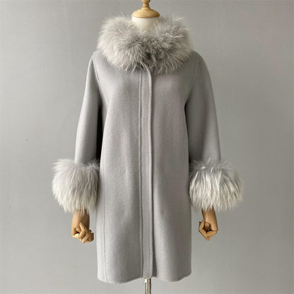 Jaxmonoy Stylish Cashmere Coat With Real Fur Collar And Cuffs Short Style