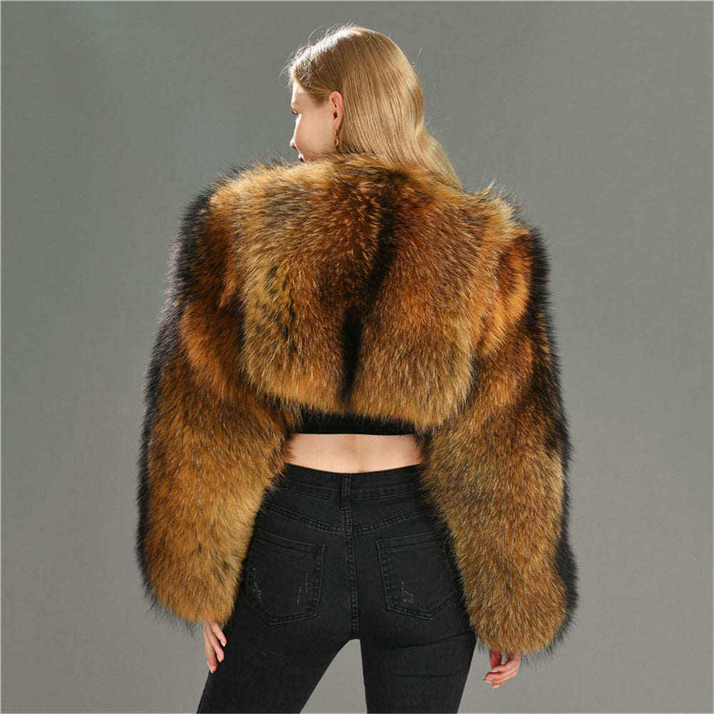 Jaxmonoy Real Raccoon Fur Coat Whole Fur Short Fur jacket