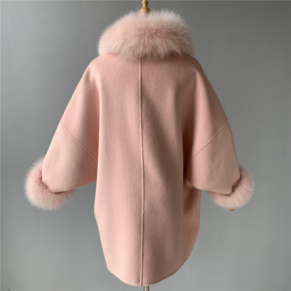 Jaxmonoy New Style Cashmere Coat With Real Fur Collar And Cuffs Woolen Overcoat