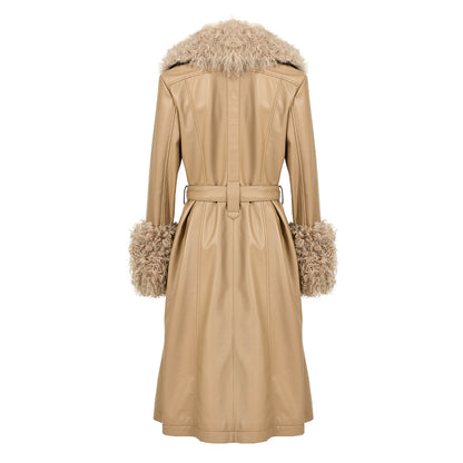 Custom Color Belt Design Genuine Leather Trench Coat With Sheep Fur