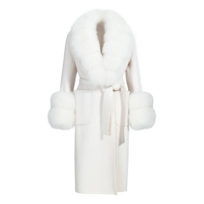 Jaxmonoy Slim Cashmere Coat Long Style Overcoat With Big Real Fur Collar And Double Cuffs