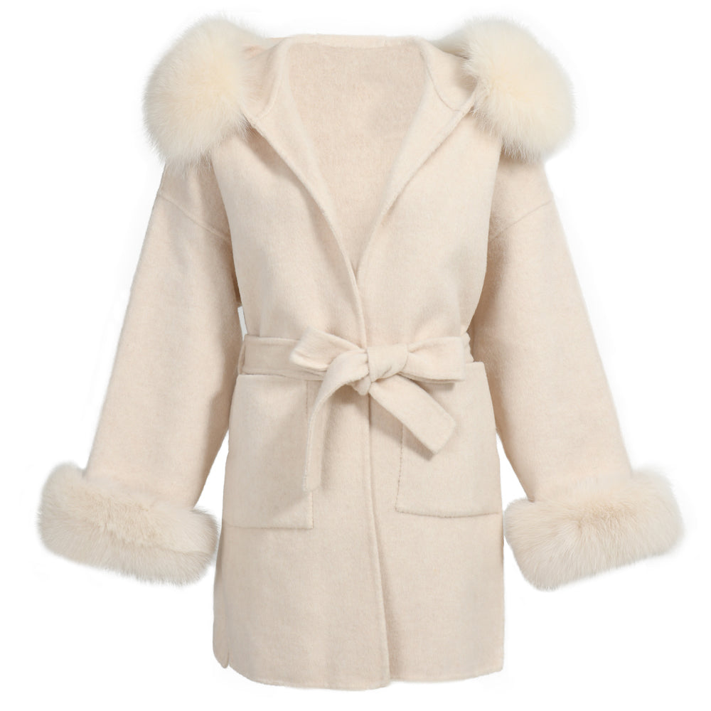 Jaxmonoy Ladies Cashmere Wool Coat Real Fox Fur Collar And Cuffs