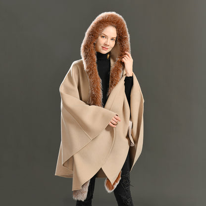 Jaxmonoy Luxurious Women Cashmere Cloak With Real Fox Fur Collar