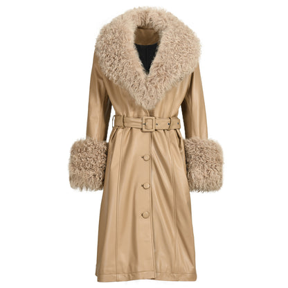 Custom Color Belt Design Genuine Leather Trench Coat With Sheep Fur