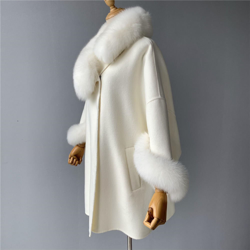 Jaxmonoy New Style Cashmere Coat With Real Fur Collar And Cuffs Woolen Overcoat