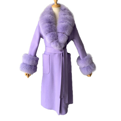 Jaxmonoy Slim Cashmere Coat Long Style Overcoat With Big Real Fur Collar And Double Cuffs