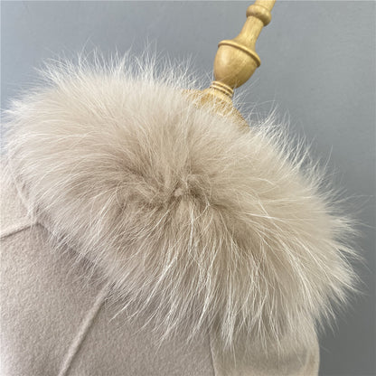 Jaxmonoy Women Cashmere Wool Coat Real Raccoon Collar Luxury Belt