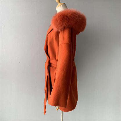 Jaxmonoy Oversize Loose Cashmere Wool Coat with Real Fox Fur Collar Winter Women Hood Outerwear Belt