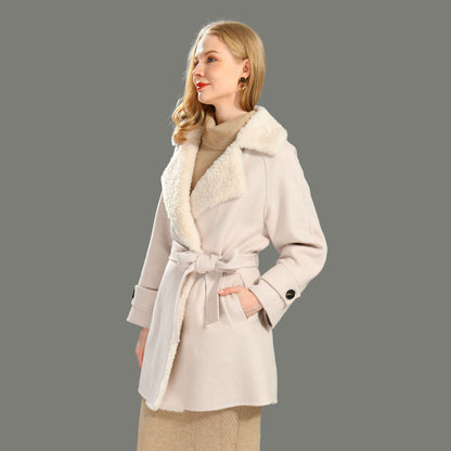 Jaxmonoy Fashion Office Ladies Mid-length Style Cashmere Coat With Sheep Fleece