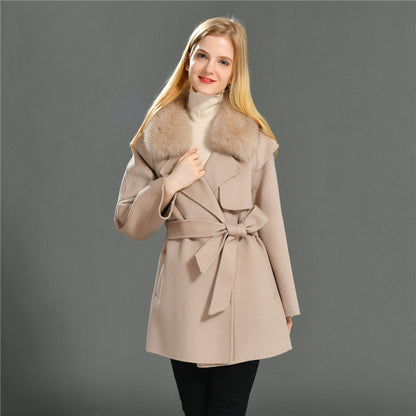 Jaxmonoy Cashmere Wool Coat Big Real Fur Collar