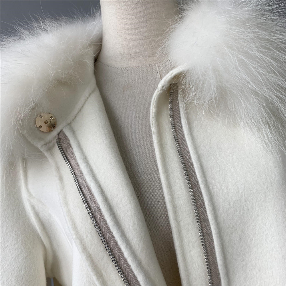 Jaxmonoy Stylish Cashmere Coat With Real Fur Collar And Cuffs Short Style