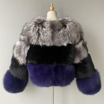 Mixed Color Crew Neck Cropped Real Fox Fur Coat Coldproof Winter Genuine Fox Fur Coat Women Real