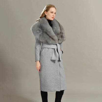 Jaxmonoy Modern Style Cashmere Coat With Luxurious Real Fox Fur Collar