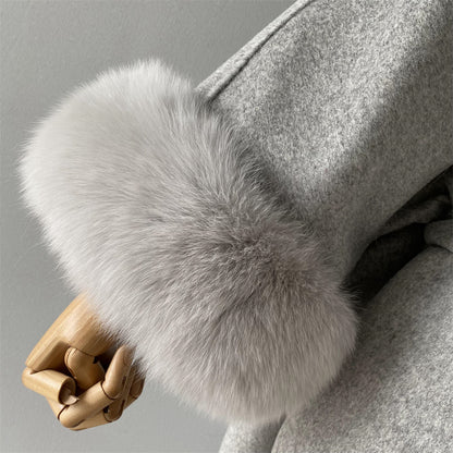 Wholesale Winter Double-sided Hooded Cashmere Coat With Real Fox Fur Collar And Belt Design Fashion Women Real Fox Fur Coat Wool