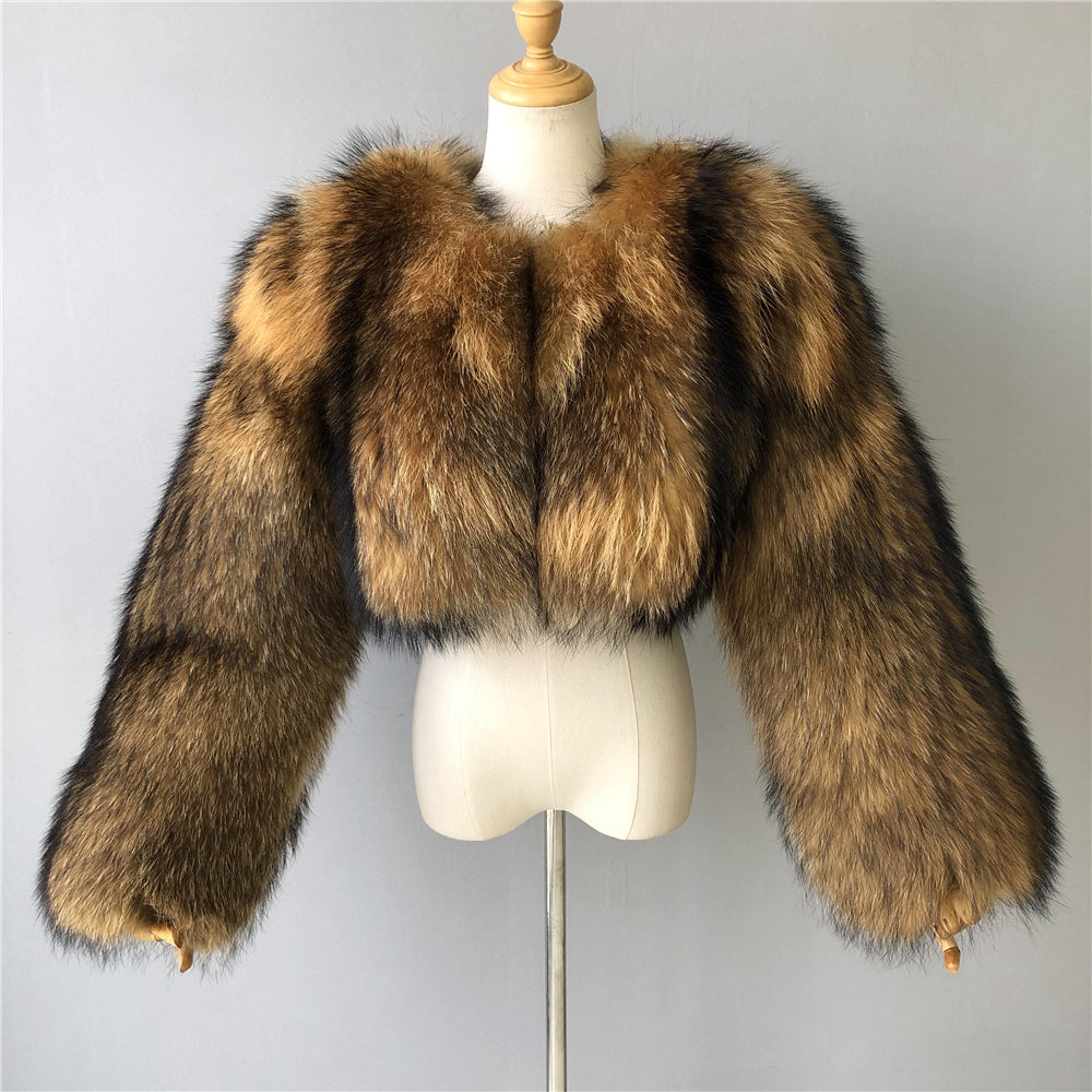 Jaxmonoy Real Raccoon Fur Coat Whole Fur Short Fur jacket