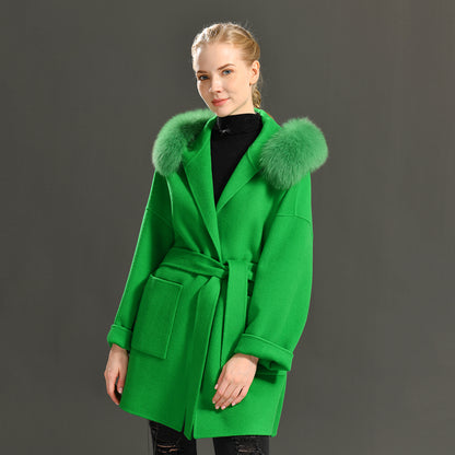 Jaxmonoy Oversize Loose Cashmere Wool Coat with Real Fox Fur Collar Winter Women Hood Outerwear Belt