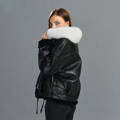 Shearling Coat With Real Fox Fur Collar Leather Jacket For Women