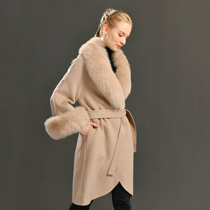Jaxmonoy Fashionable Women Cashmere Coat With Big Real Fur Collar And Cuffs